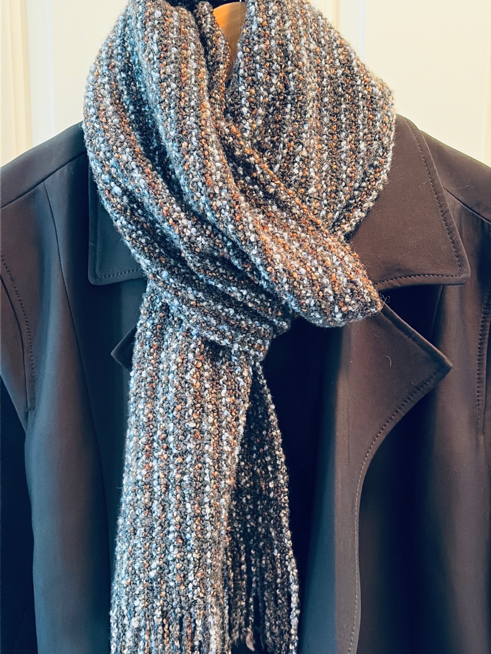 Merino Hand- Woven Fringe Scarf - Black, Blue, Brown
